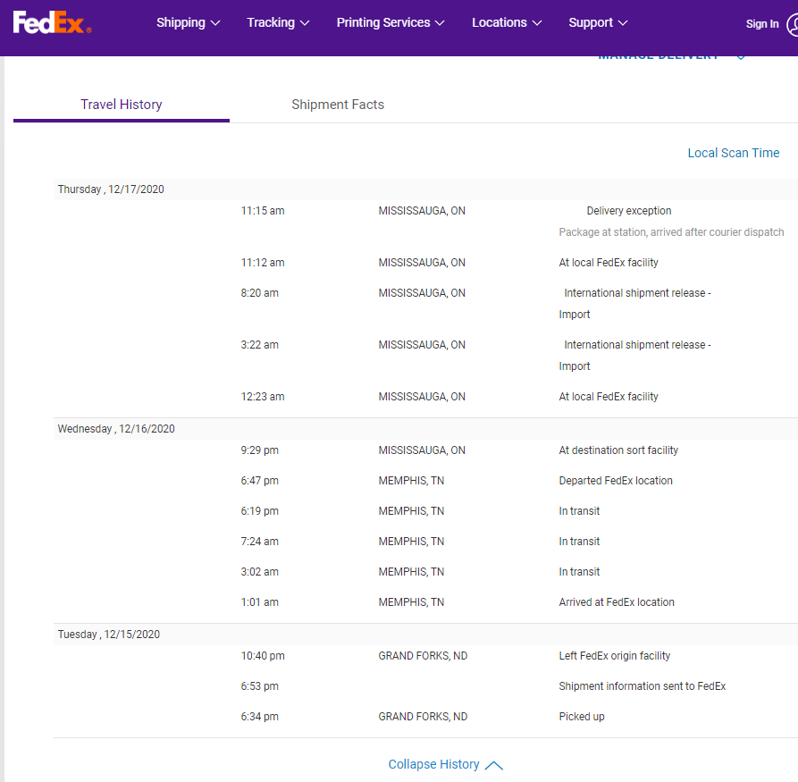 Fedex Service December 2020 Ontario Canada Digikey orders